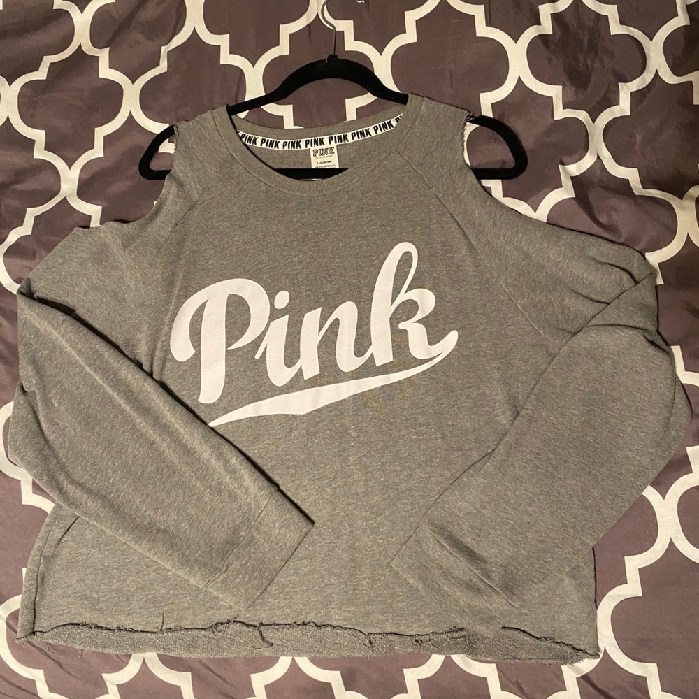 Pink VS Grey Cut Out Shoulder Cropped Sweater